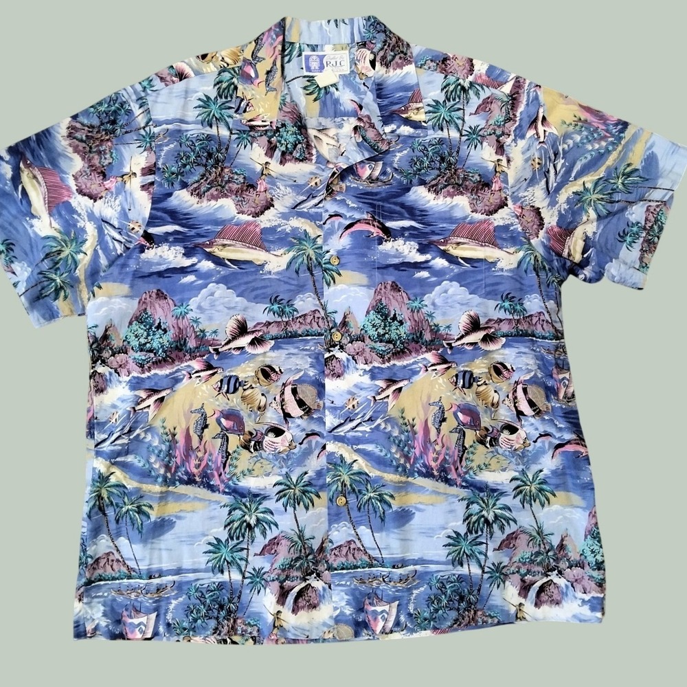 RJC Hawaiian Shirt Mens XL Blue Tropical Island Sailfish Dolphin Print Cotton